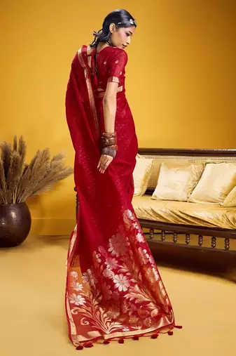 Red color pure munga silk blend saree with blouse | handwoven munga silk blend saree for women