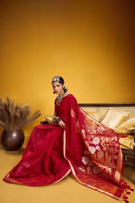 Red color pure munga silk blend saree with blouse | handwoven munga silk blend saree for women 5