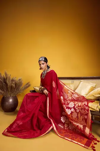 Red color pure munga silk blend saree with blouse | handwoven munga silk blend saree for women