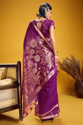 Purple color pure munga silk blend saree with blouse | handwoven munga silk blend saree for women