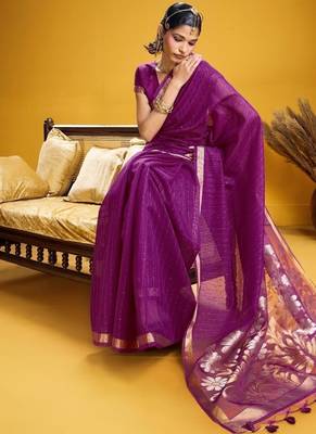 Purple color pure munga silk blend saree with blouse | handwoven munga silk blend saree for women 4