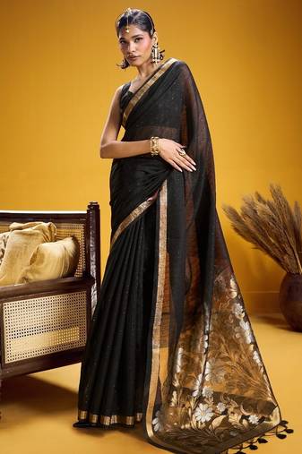 Black color pure munga silk handloom saree with blouse | traditional handwoven munga silk saree for women