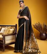 Black color pure munga silk handloom saree with blouse | traditional handwoven munga silk saree for women
