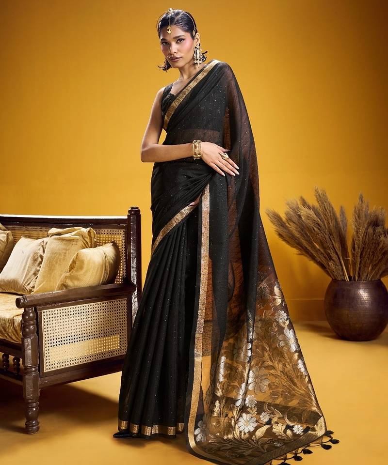 Black color pure munga silk handloom saree with blouse 