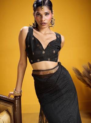 Black color pure munga silk blend saree with blouse | handwoven munga silk blend saree for women 2