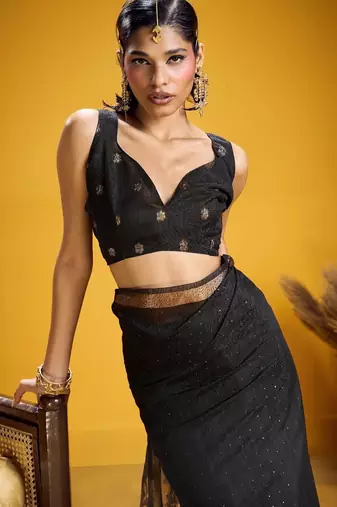 Black color pure munga silk blend saree with blouse | handwoven munga silk blend saree for women