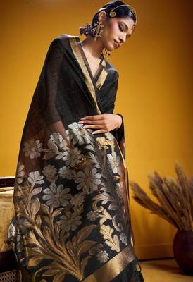 Black color pure munga silk blend saree with blouse | handwoven munga silk blend saree for women 3