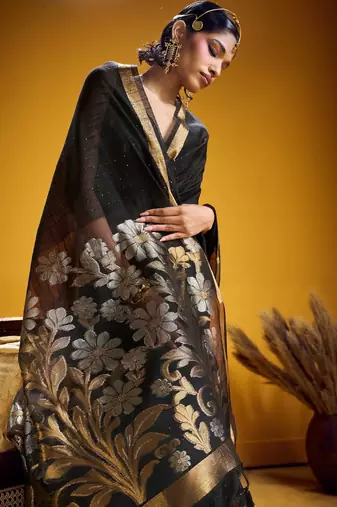 Black color pure munga silk blend saree with blouse | handwoven munga silk blend saree for women