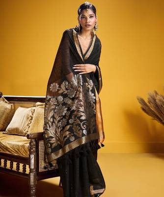 Black color pure munga silk blend saree with blouse | handwoven munga silk blend saree for women 4