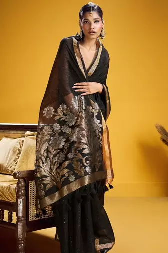 Black color pure munga silk blend saree with blouse | handwoven munga silk blend saree for women