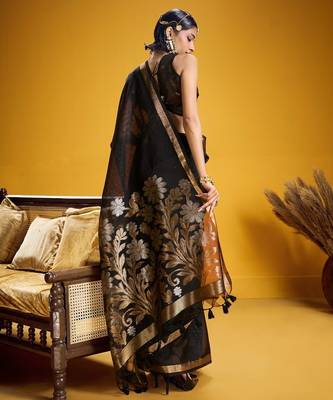 Black color pure munga silk blend saree with blouse | handwoven munga silk blend saree for women 5