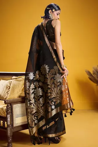Black color pure munga silk blend saree with blouse | handwoven munga silk blend saree for women