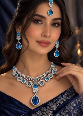 Blue cz indian bridal jewelry set: choker necklace, earrings & maang tikka 1