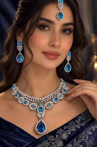 Blue cz indian bridal jewelry set: choker necklace, earrings & maang tikka