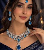 Blue cz indian bridal jewelry set: choker necklace, earrings & maang tikka