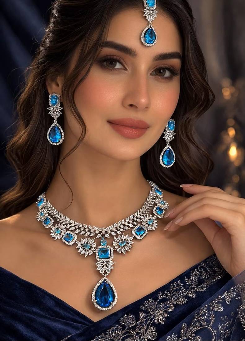 Blue cz indian bridal jewelry set: choker necklace, earrings & maang tikka