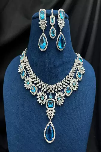 Blue cz indian bridal jewelry set: choker necklace, earrings & maang tikka
