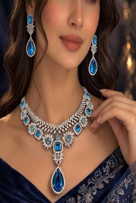 Blue cz indian bridal jewelry set: choker necklace, earrings & maang tikka 3