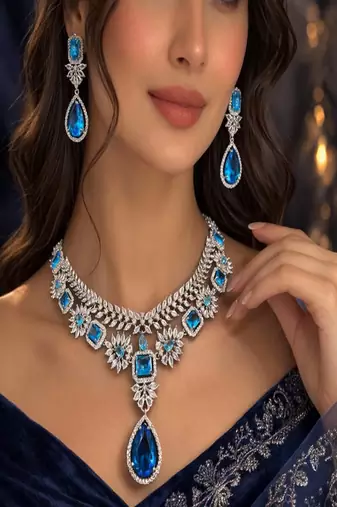 Blue cz indian bridal jewelry set: choker necklace, earrings & maang tikka