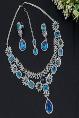 Blue cz indian bridal jewelry set: choker necklace, earrings & maang tikka 4