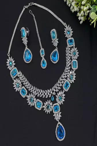 Blue cz indian bridal jewelry set: choker necklace, earrings & maang tikka