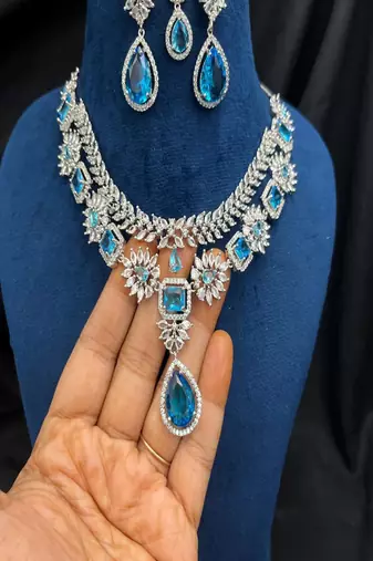 Blue cz indian bridal jewelry set: choker necklace, earrings & maang tikka