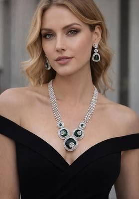 Emerald green cz bridal jewelry set: necklace, earrings & bangles 1