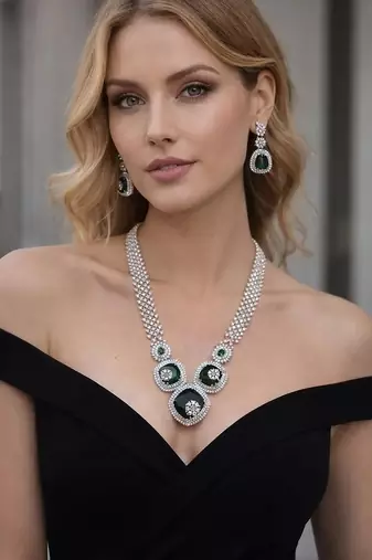 Emerald green cz bridal jewelry set: necklace, earrings & bangles