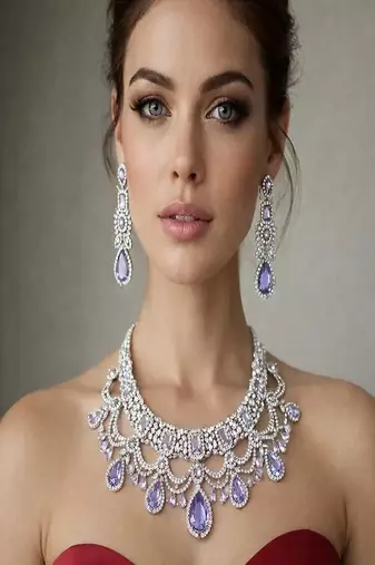 Lavender cz bridal jewelry set | silver tone indian wedding necklace, earrings & maang tikka