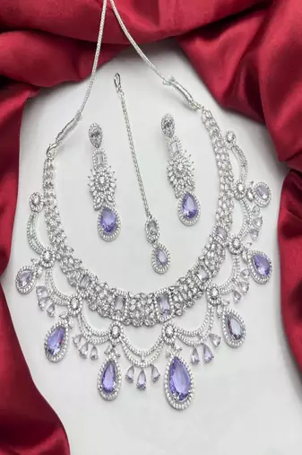 Lavender cz bridal jewelry set | silver tone indian wedding necklace, earrings & maang tikka
