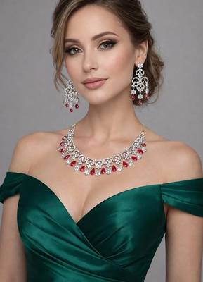 Red crystal bridal jewelry set, silver cz choker necklace 1