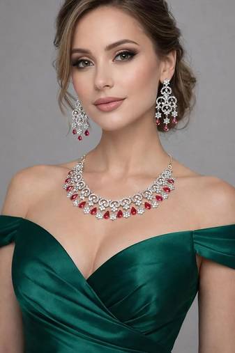Red crystal bridal jewelry set, silver cz choker necklace