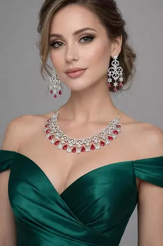 Red crystal bridal jewelry set, silver cz choker necklace