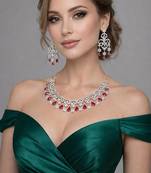 Red crystal bridal jewelry set, silver cz choker necklace