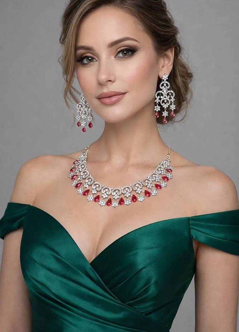 Red crystal bridal jewelry set, silver cz choker necklace