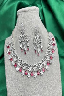 Red crystal bridal jewelry set, silver cz choker necklace 2