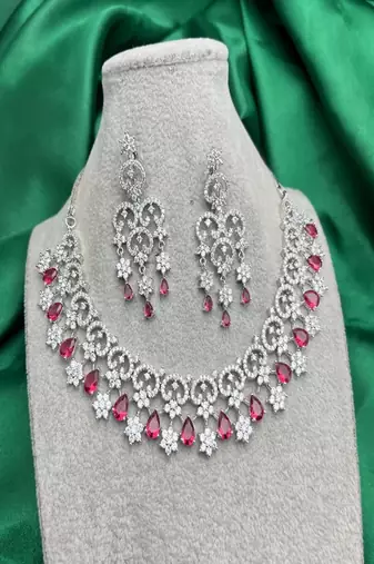 Red crystal bridal jewelry set, silver cz choker necklace
