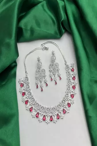 Red crystal bridal jewelry set, silver cz choker necklace