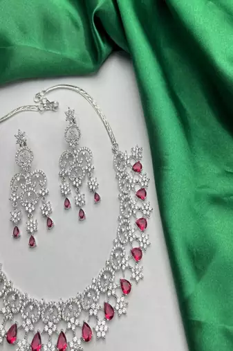 Red crystal bridal jewelry set, silver cz choker necklace