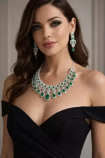 Emerald green cz bridal jewelry set | silver tone wedding necklace