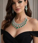 Emerald green cz bridal jewelry set | silver tone wedding necklace