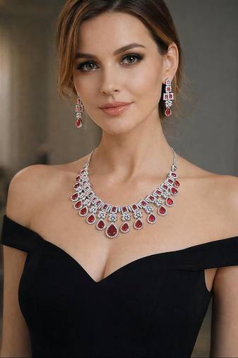 Bridal ruby red necklace and earring set | cz diamond choker