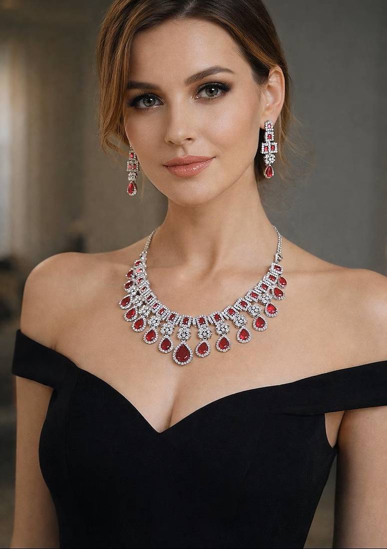 Bridal ruby red necklace and earring set | cz diamond choker