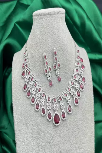 Bridal ruby red necklace and earring set | cz diamond choker