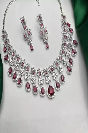 Bridal ruby red necklace and earring set | cz diamond choker