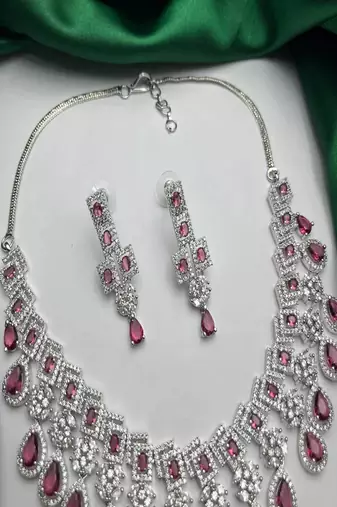 Bridal ruby red necklace and earring set | cz diamond choker