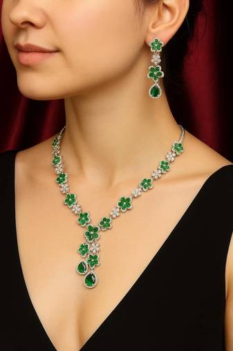 Emerald green floral necklace earring set | silver plated bridal jewelry
