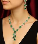 Emerald green floral necklace earring set | silver plated bridal jewelry