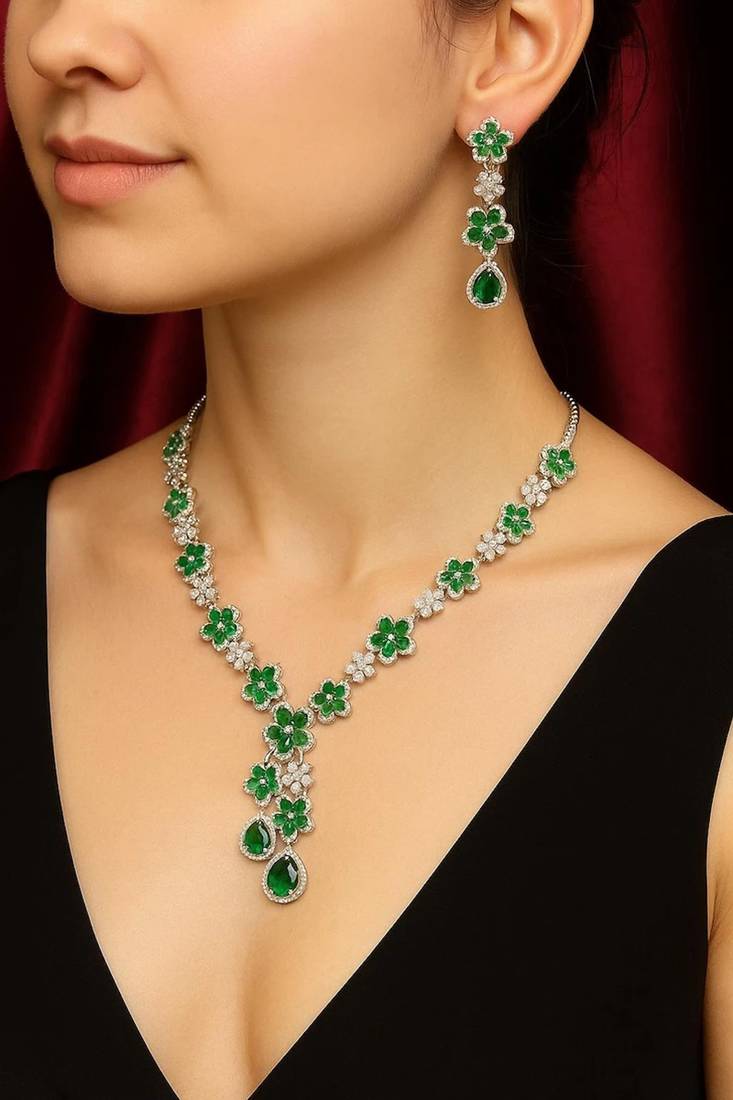 Emerald green floral necklace earring set | silver plated bridal jewelry