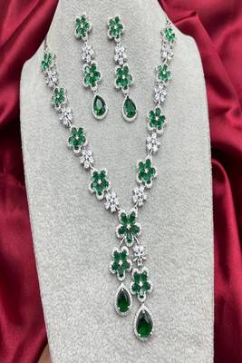 Emerald green floral necklace earring set | silver plated bridal jewelry 2